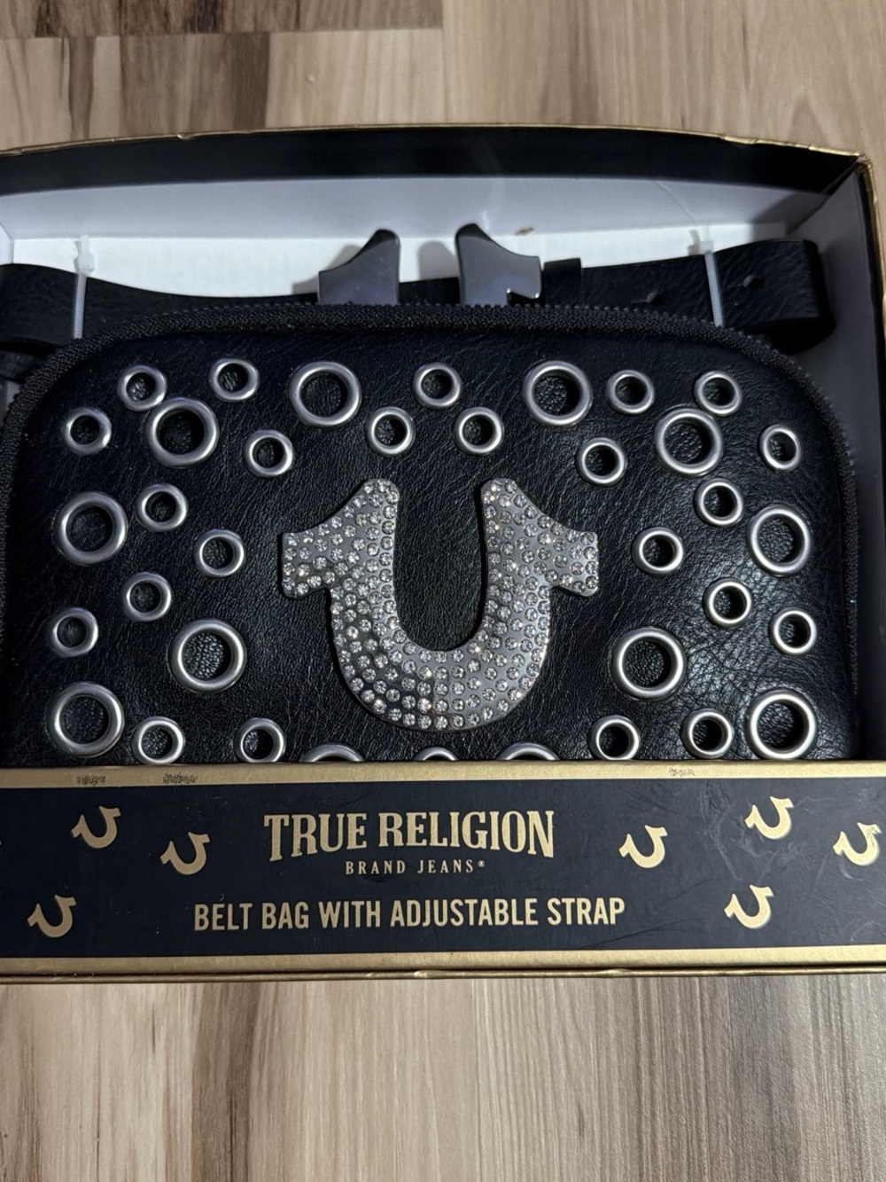 True Religion Black Leather Grommet Belt Bag with Rhinestone Logo